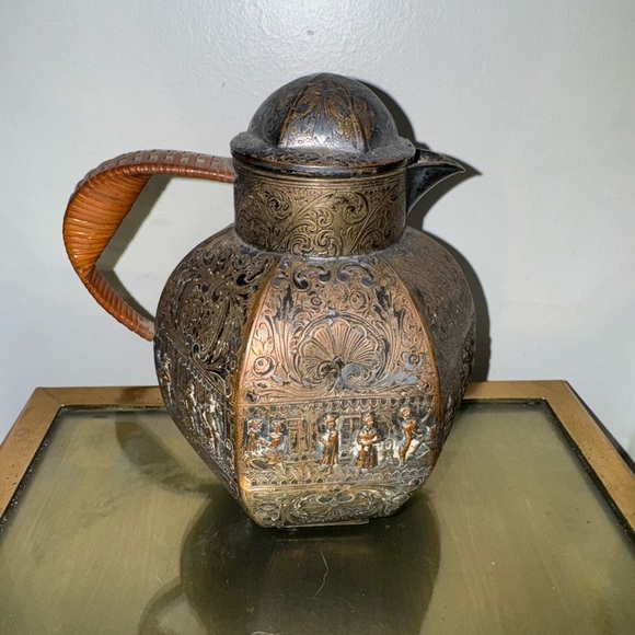 No brand / Not sure Other - Antique E G Webster Silver Plate Copper Repousse Engraved Teapot Rattan Handle